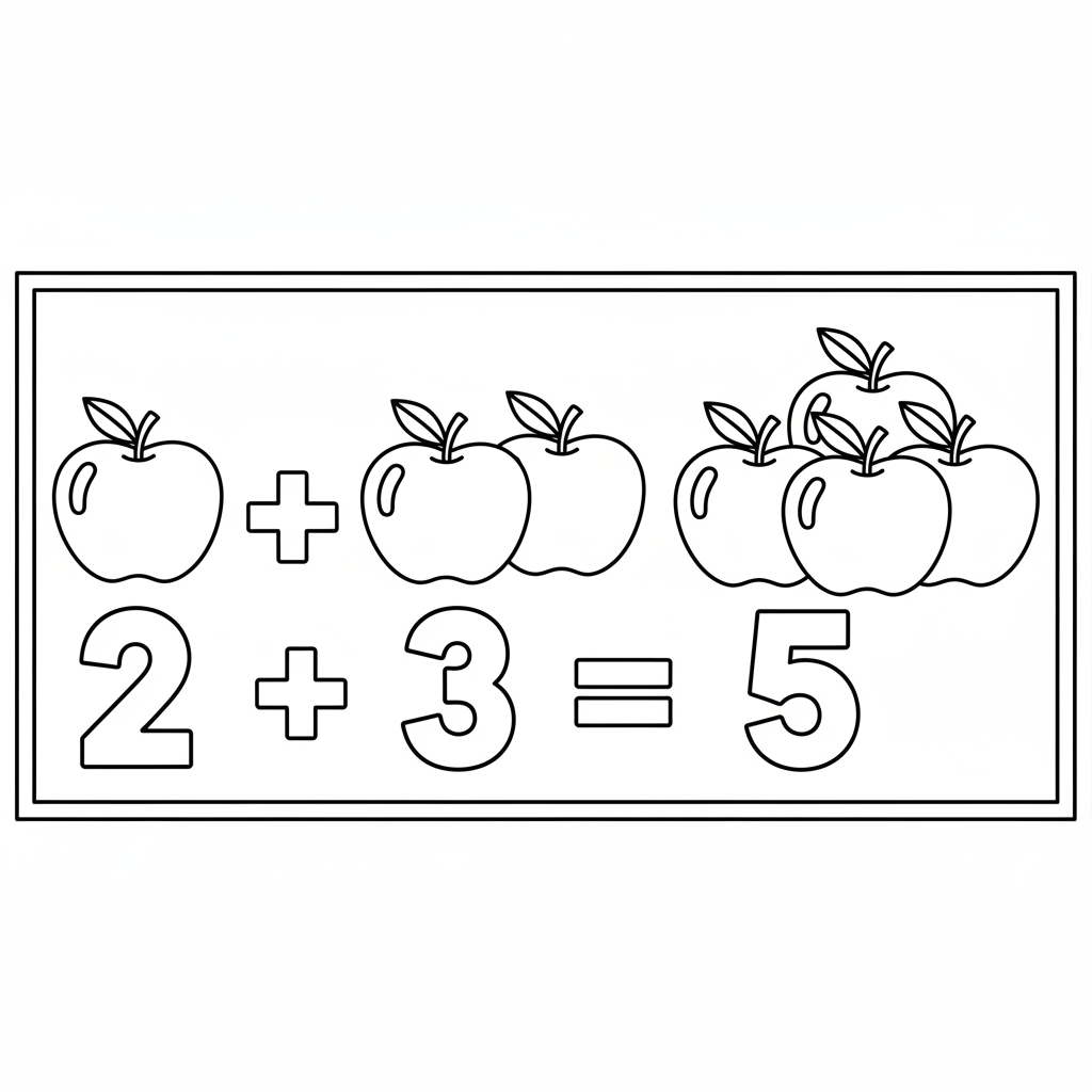 Math equation 2 plus 3 equals 5 with pictures - Free Printable Coloring Page