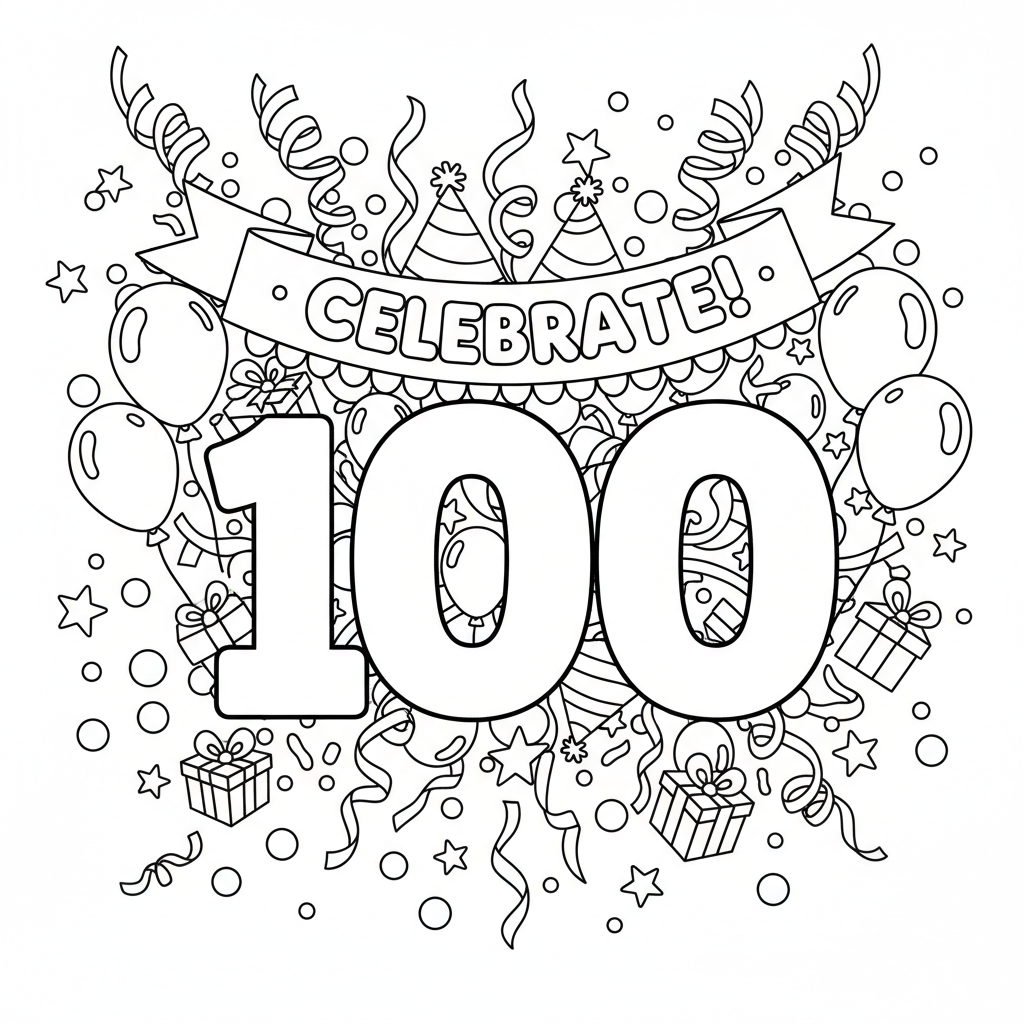 Viering van het 100-jarig jubileum met confetti en feestversieringen. - Gratis afdrukbare kleurplaat