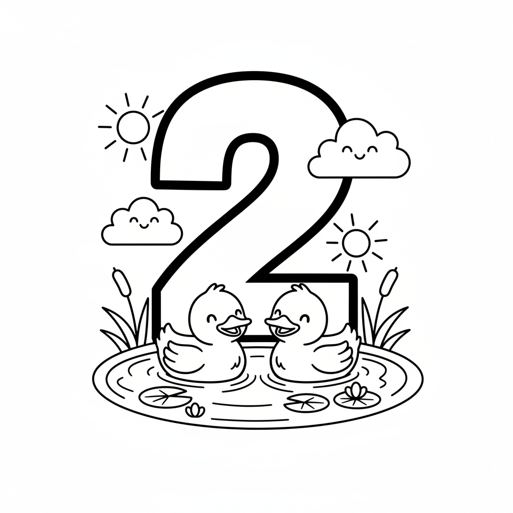 Nummer 2 mit zwei niedlichen Enten, die im Teich schwimmen - Kostenloses druckbares Ausmalbild Nummer 2 mit zwei niedlichen Enten, die im Teich schwimmen - Kostenloses druckbares Ausmalbild