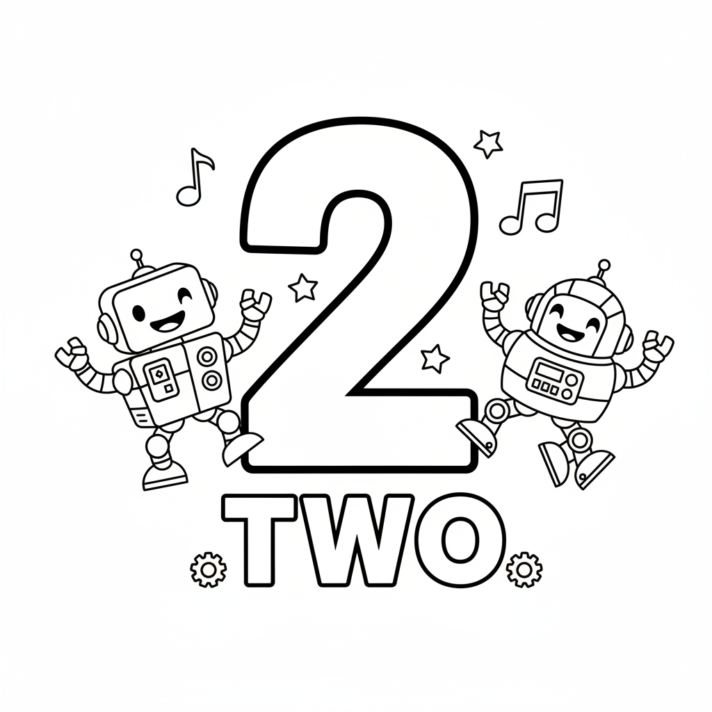 Numéro 2 avec deux robots qui dansent ensemble, c'est amusant - Coloriage gratuit à imprimer