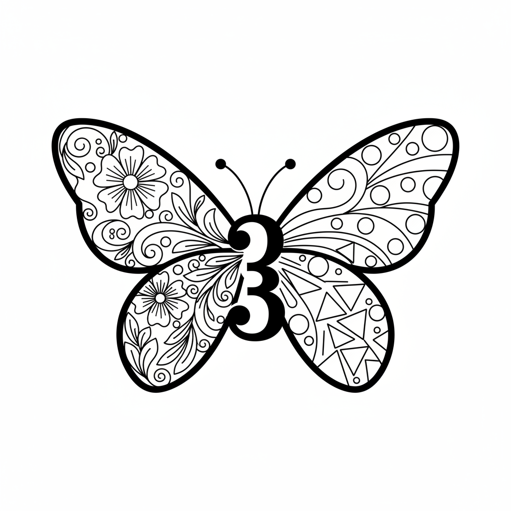 Number 3 shaped like butterfly wings beautiful design - Free Printable Coloring Page Number 3 shaped like butterfly wings beautiful design - Free Printable Coloring Page