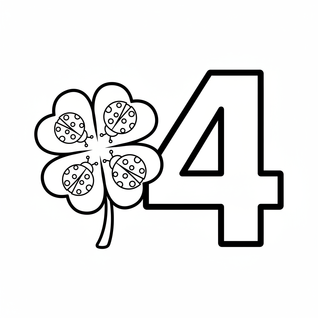 Nummer 4 met vier lieveheersbeestjes op een klavertje vier. - Gratis afdrukbare kleurplaat Nummer 4 met vier lieveheersbeestjes op een klavertje vier. - Gratis afdrukbare kleurplaat