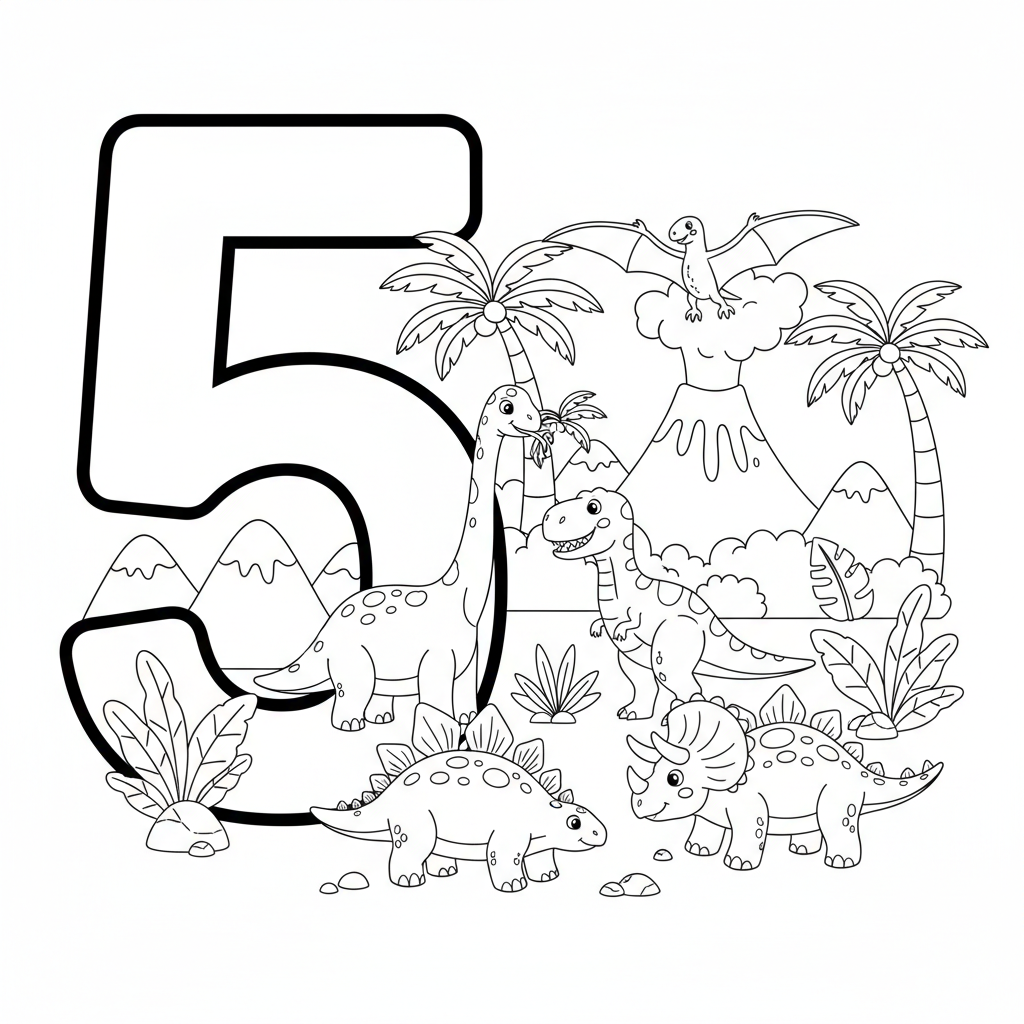 Numéro 5 avec cinq dinosaures dans une scène préhistorique - Coloriage gratuit à imprimer