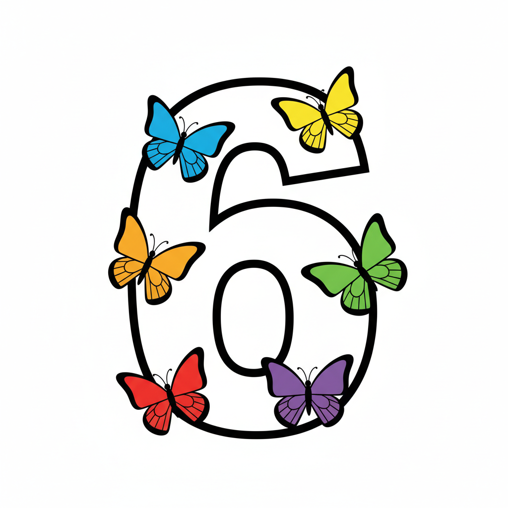 Number 6 with six colorful butterflies flying around - Free Printable Coloring Page Number 6 with six colorful butterflies flying around - Free Printable Coloring Page