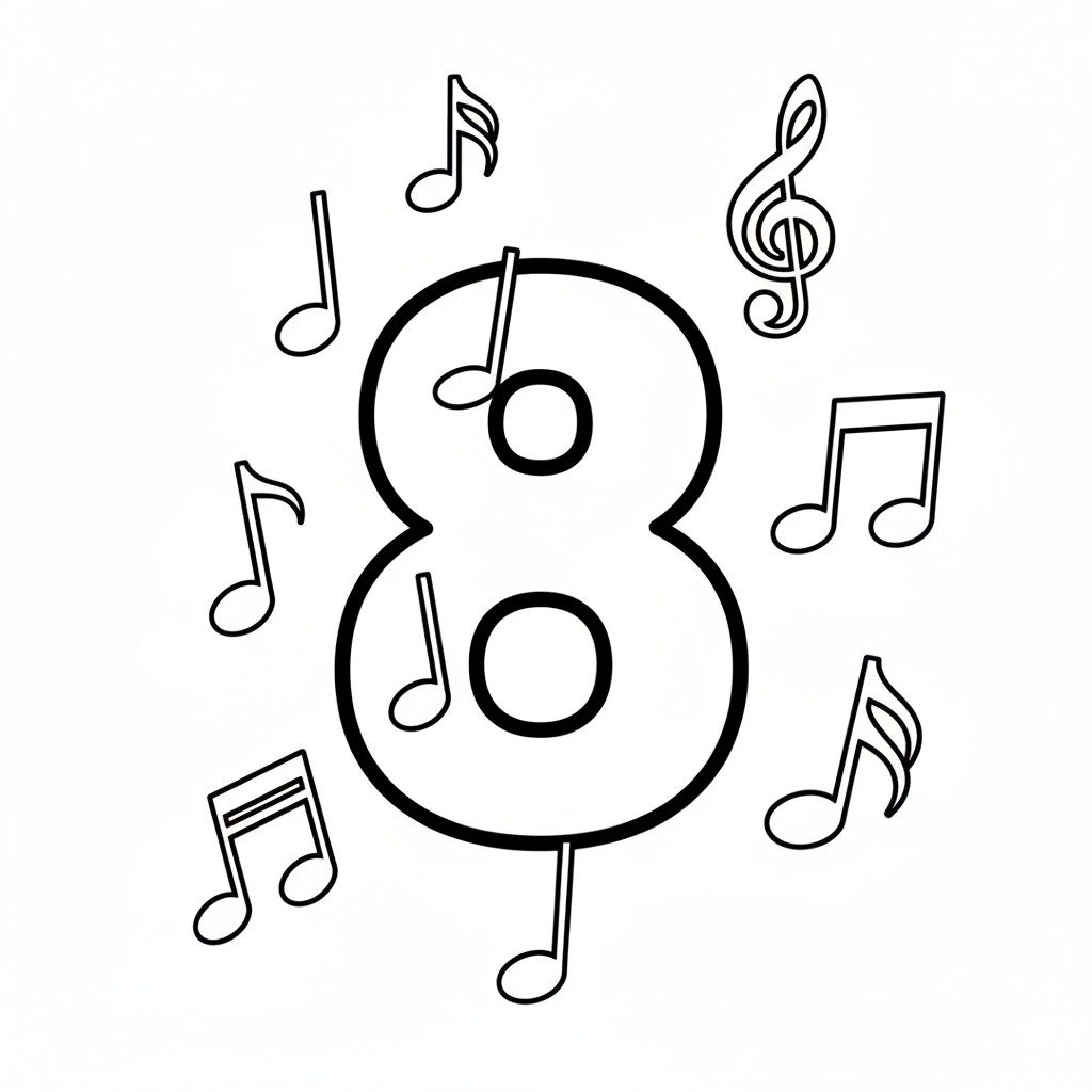 Le chiffre 8 avec huit notes de musique flottant autour - Coloriage gratuit à imprimer