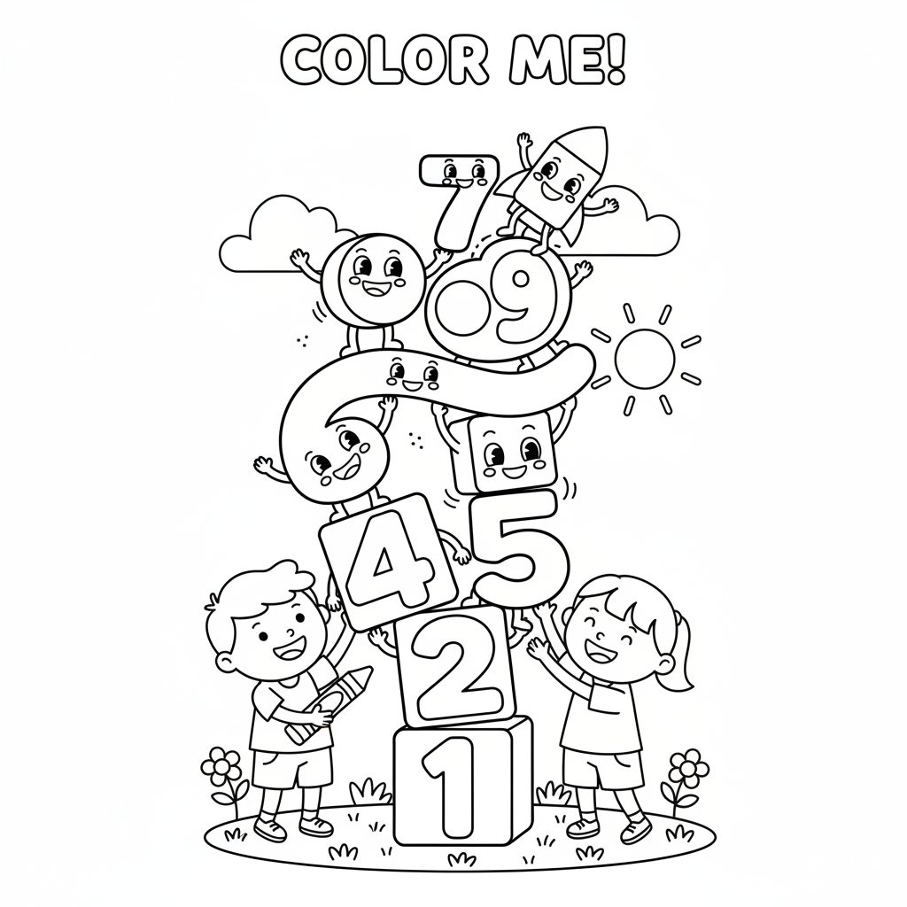 Number blocks stacking tower kids building toy scene - Free Printable Coloring Page