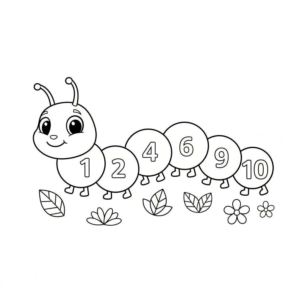 Number caterpillar with body segments numbered 1 to 10 - Free Printable Coloring Page