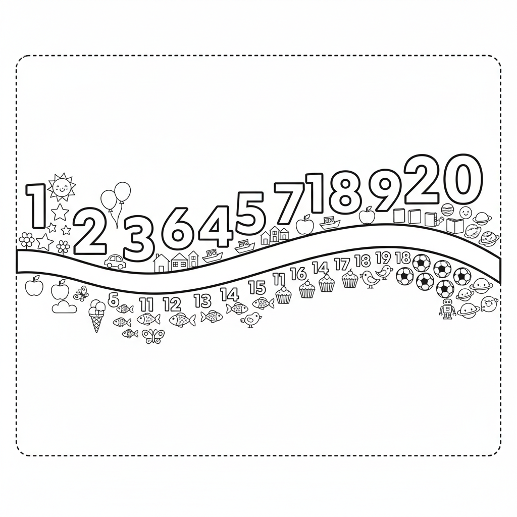 Getallenlijn van 1 tot 20 met leuke versieringen - Gratis afdrukbare kleurplaat