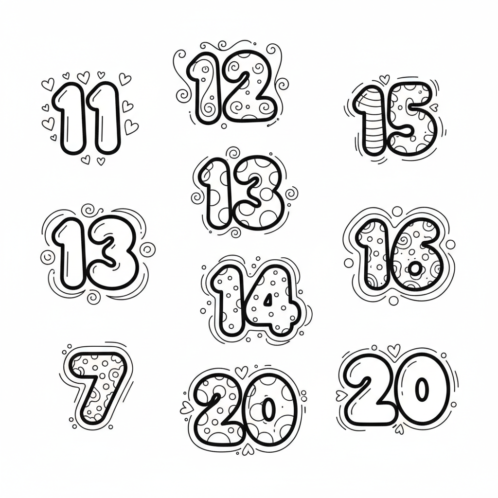 De cijfers 11 tot en met 20 in kleurrijke bubbelletterstijl. - Gratis afdrukbare kleurplaat