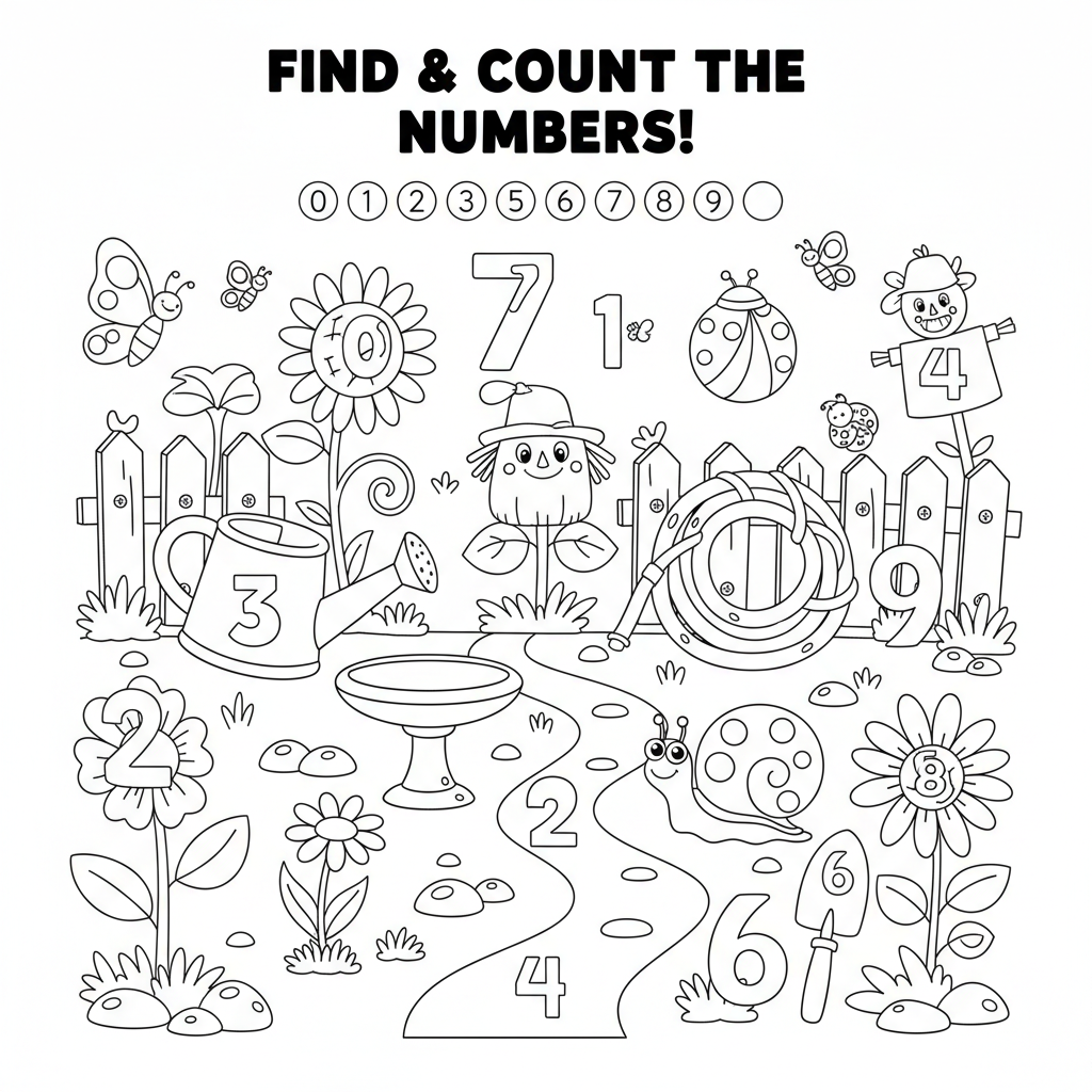 Zoek en tel de verborgen cijfers in een tuinscène. - Gratis afdrukbare kleurplaat