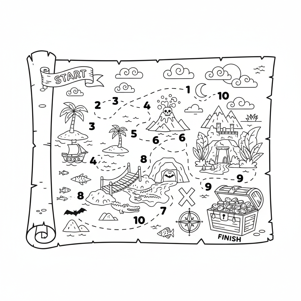 Treasure map with numbered steps leading to chest - Free Printable Coloring Page