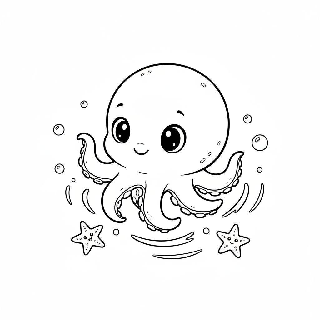 Bébé pieuvre apprenant à nager, tout mignon - Coloriage gratuit à imprimer