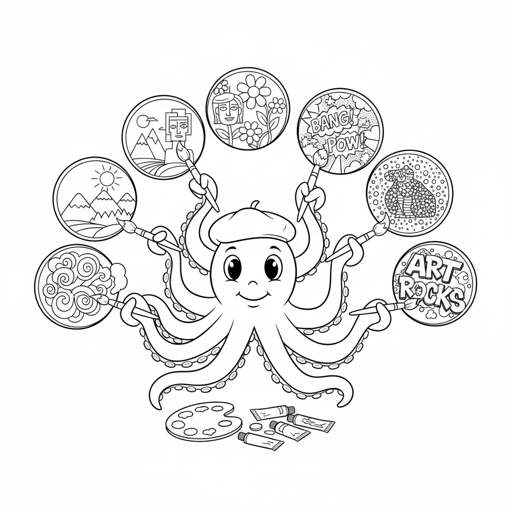 L'artiste pieuvre peint huit toiles de styles différents - Coloriage gratuit à imprimer