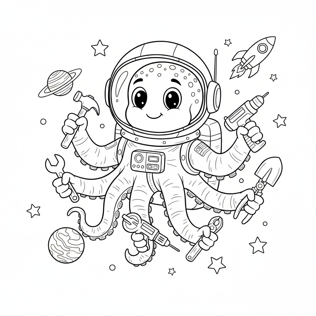 astronaute pieuvre à huit bras tenant des outils spatiaux - Coloriage gratuit à imprimer