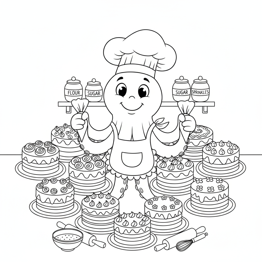 Un boulanger en forme de pieuvre décore huit gâteaux avec du glaçage - Coloriage gratuit à imprimer
