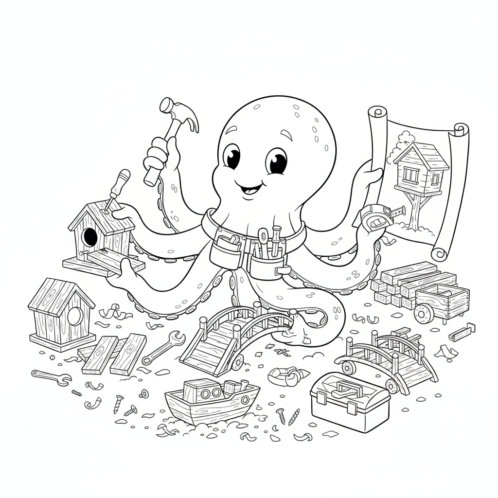 Pieuvre menuisier construisant de multiples projets outils - Coloriage gratuit à imprimer