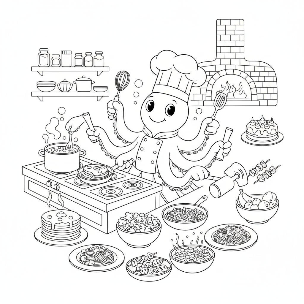 Chef pieuvre cuisinant huit plats simultanément en cuisine - Coloriage gratuit à imprimer