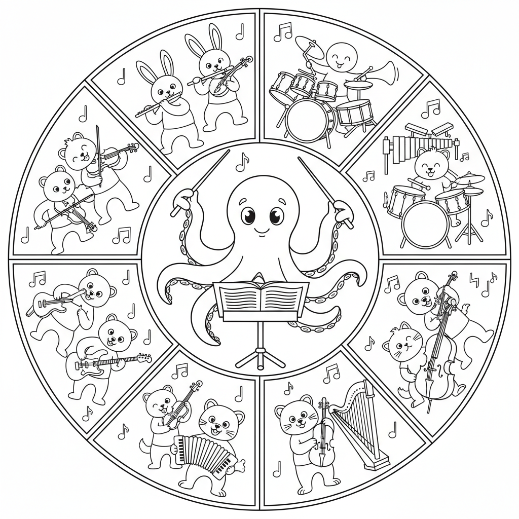 Octopus, chef d'orchestre, huit sections, musique - Coloriage gratuit à imprimer