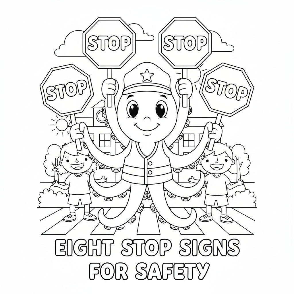 Passage piétonnier poulpe, huit panneaux d'arrêt, sécurité - Coloriage gratuit à imprimer