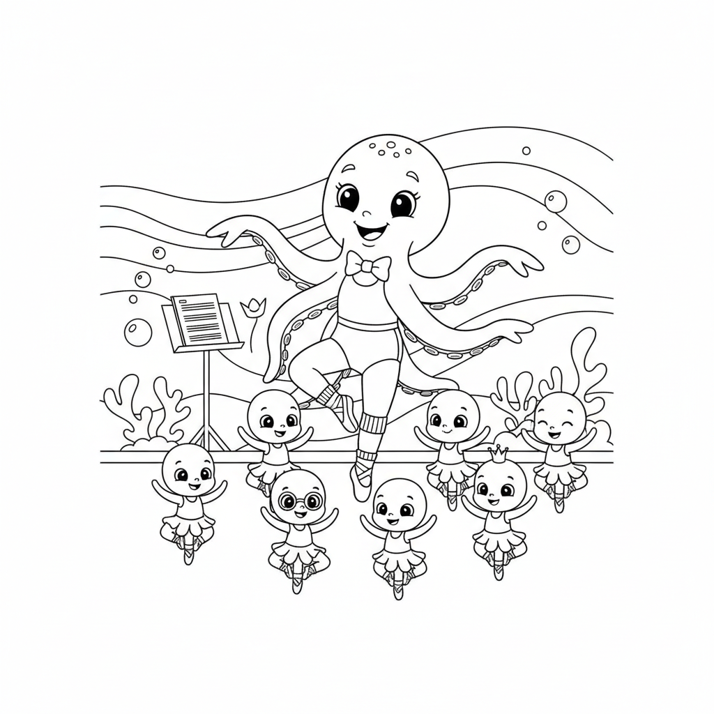 Professeur de danse Octopus donnant des cours à huit élèves - Coloriage gratuit à imprimer