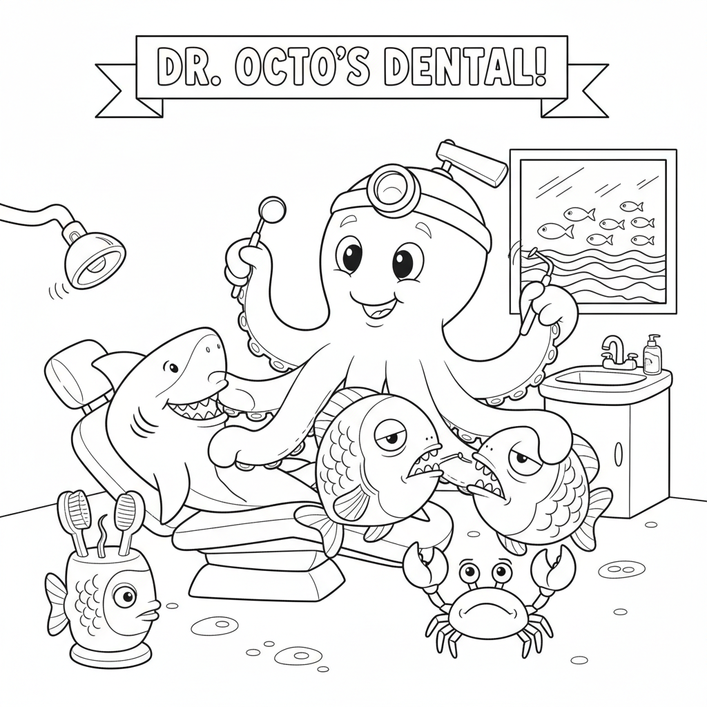 Le dentiste pieuvre examine les dents de plusieurs patients - Coloriage gratuit à imprimer