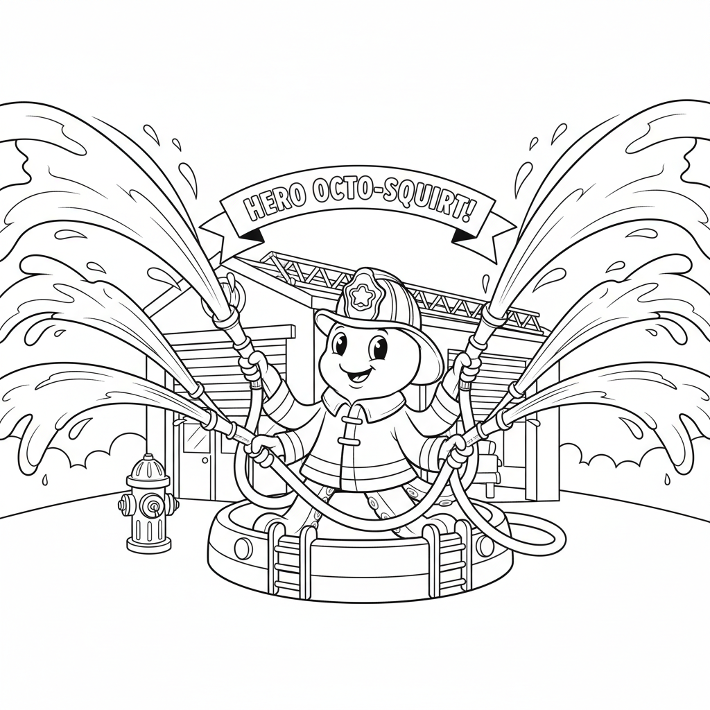 Pompier en forme de pieuvre tenant huit tuyaux d'arrosage. - Coloriage gratuit à imprimer