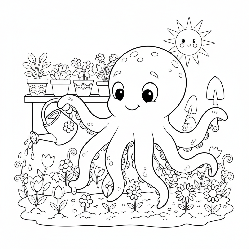 Jardinier pieuvre plantant des fleurs avec tous ses tentacules - Coloriage gratuit à imprimer