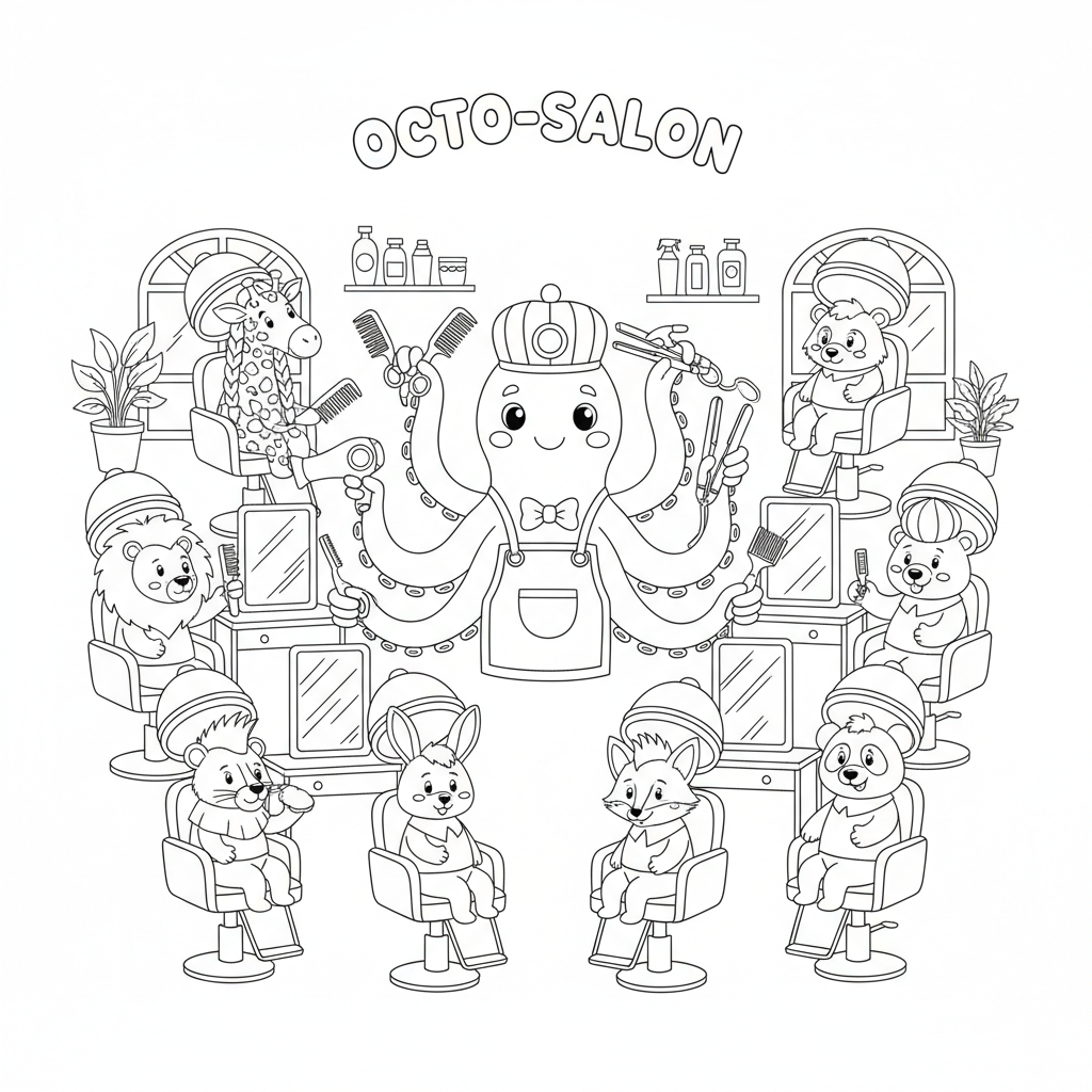 Coiffeur pieuvre coiffant huit clients simultanément - Free Printable Coloring Page