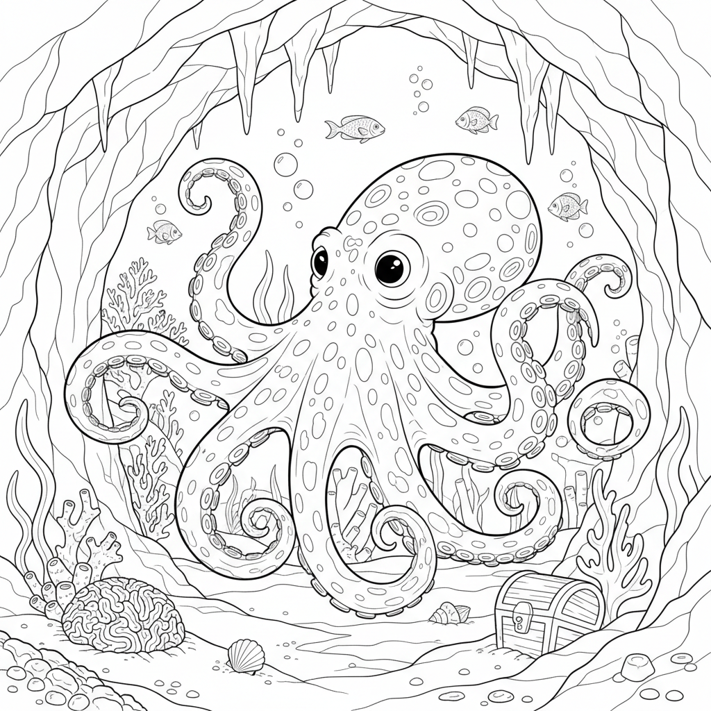 Oktopus in Unterwasserhöhle - Kostenloses druckbares Ausmalbild Oktopus in Unterwasserhöhle - Kostenloses druckbares Ausmalbild