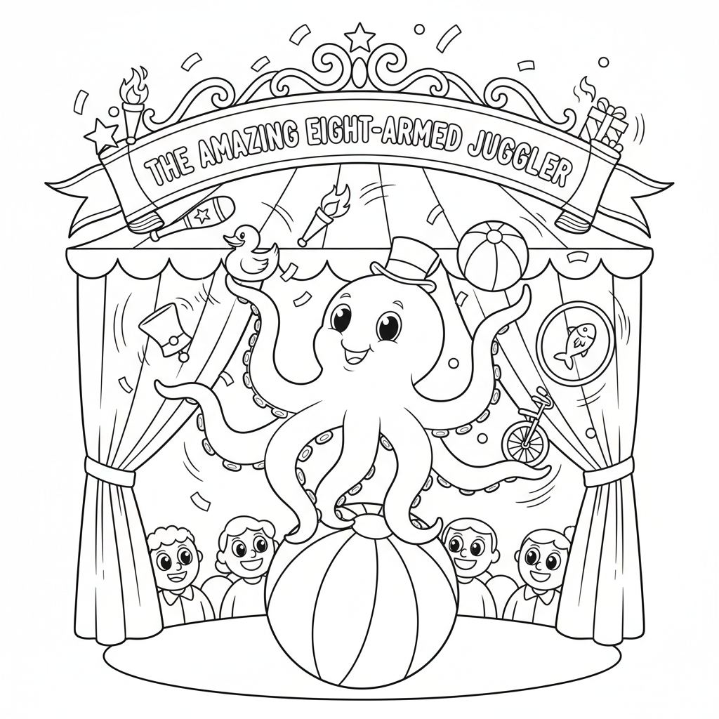 Cirque de pieuvres jonglant avec huit objets différents à la fois - Coloriage gratuit à imprimer