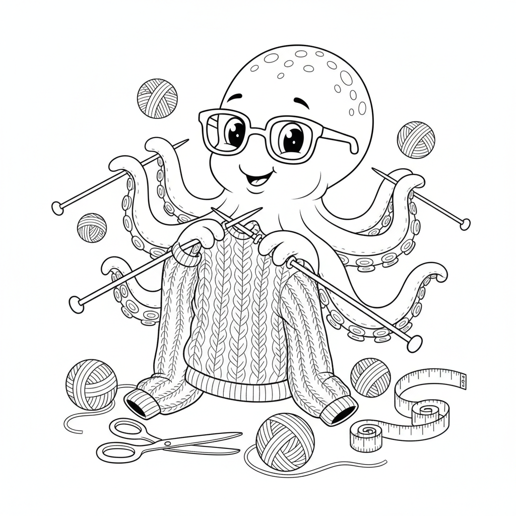Pull en tricot pieuvre avec plusieurs aiguilles à la fois - Free Printable Coloring Page