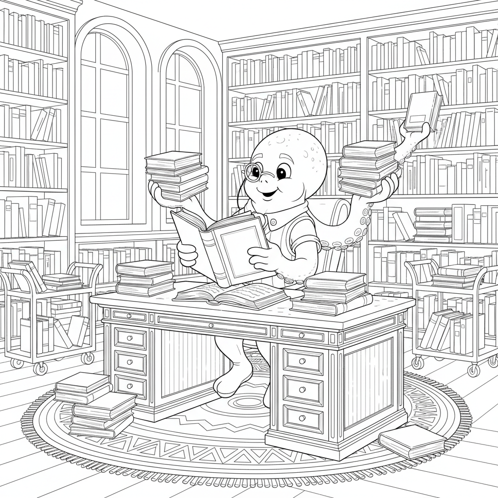 Octopus Librarian Reading Books - Free Printable Coloring Page Octopus Librarian Reading Books - Free Printable Coloring Page