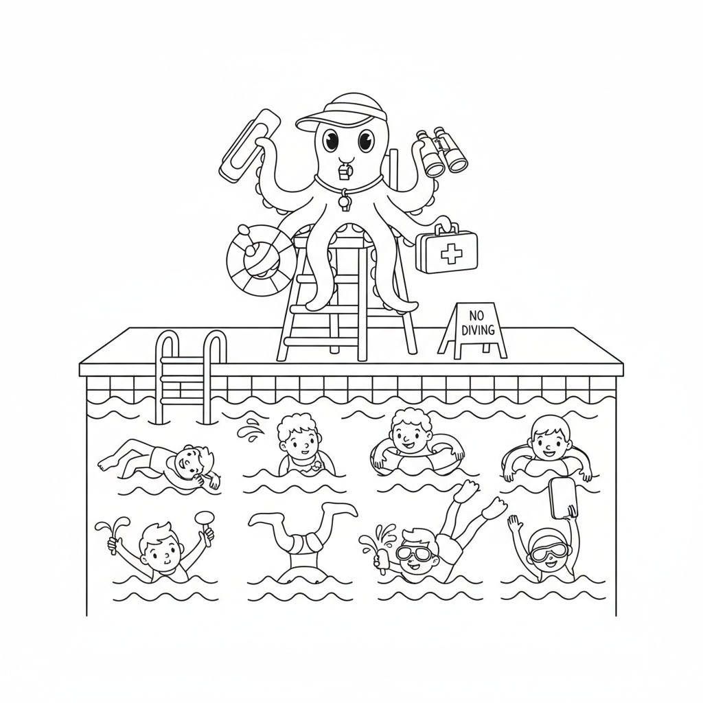 Un maître-nageur en forme de pieuvre surveille huit nageurs dans la piscine - Coloriage gratuit à imprimer