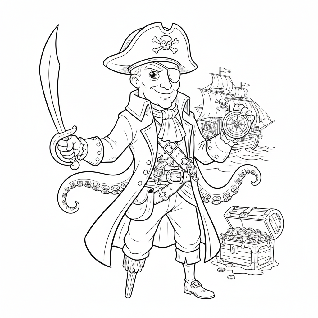 Octopus Pirate Captain - Free Printable Coloring Page Octopus Pirate Captain - Free Printable Coloring Page