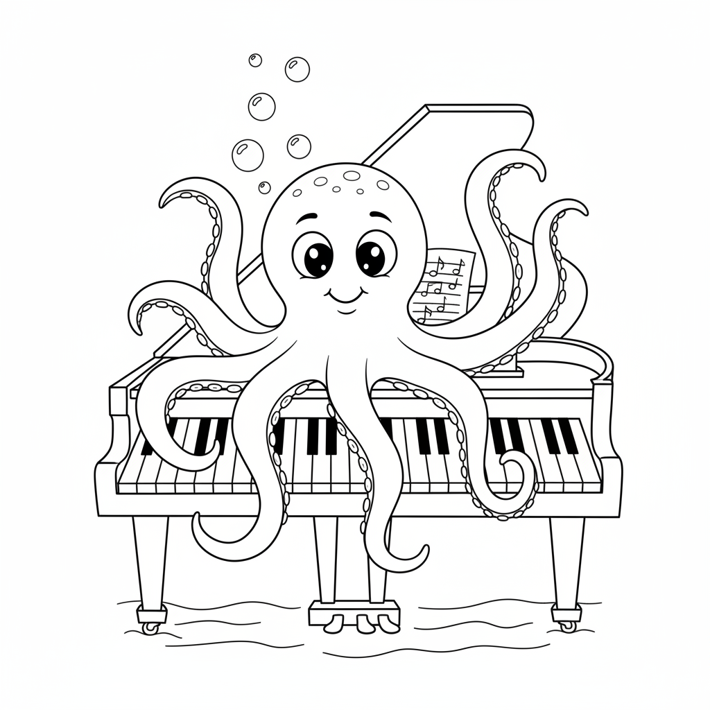 Octopus playing piano eight keys simultaneously - Free Printable Coloring Page Octopus playing piano eight keys simultaneously - Free Printable Coloring Page
