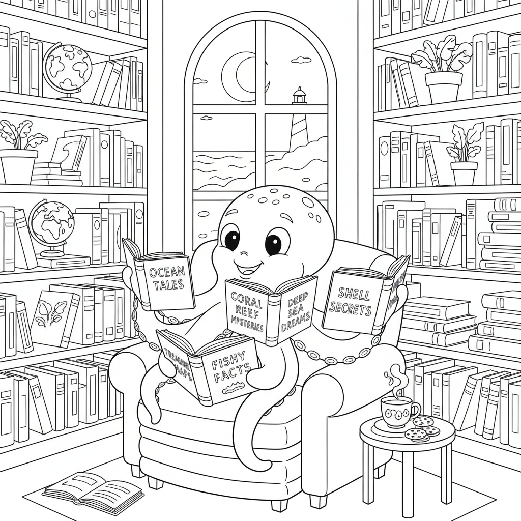 Pieuvre lisant huit livres à la fois dans un coin douillet de la bibliothèque - Free Printable Coloring Page