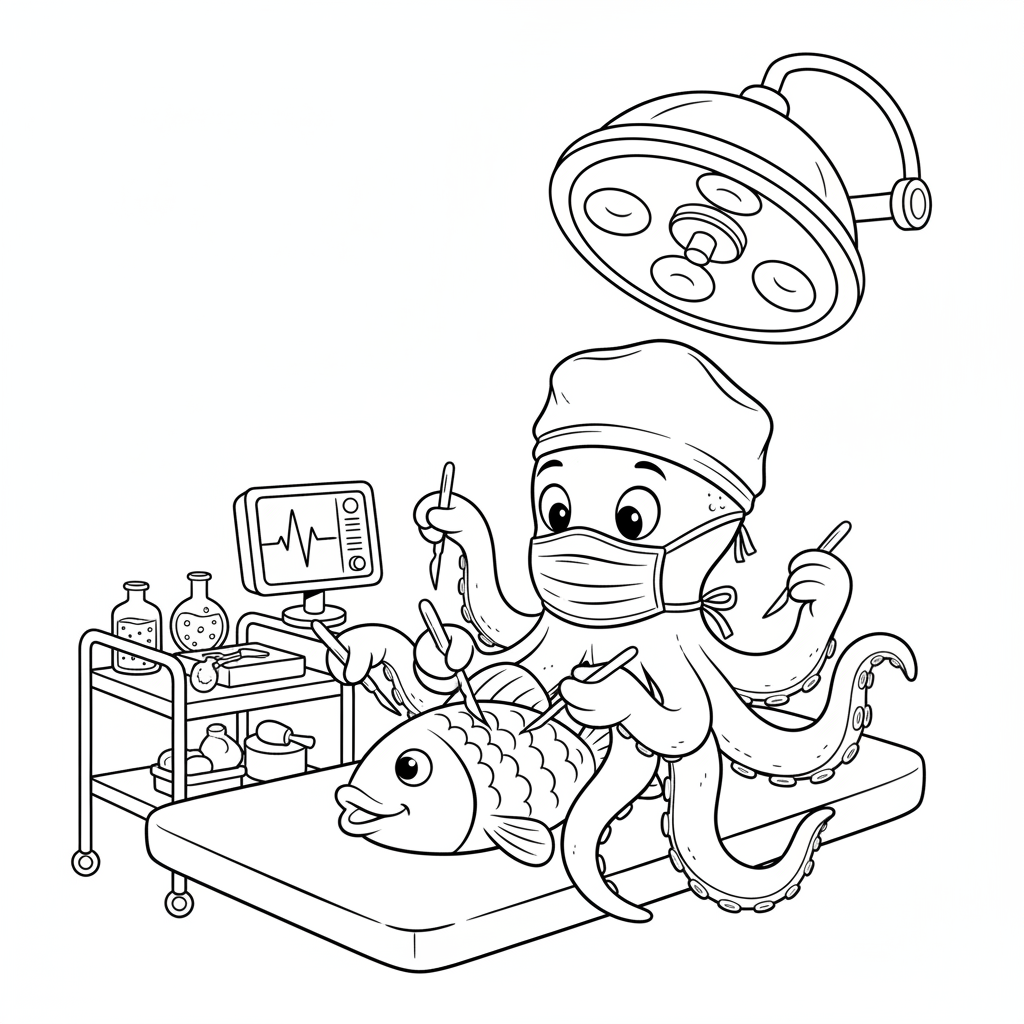 Chirurgien spécialisé dans les opérations de pieuvres, réalisant une intervention précise et experte. - Coloriage gratuit à imprimer