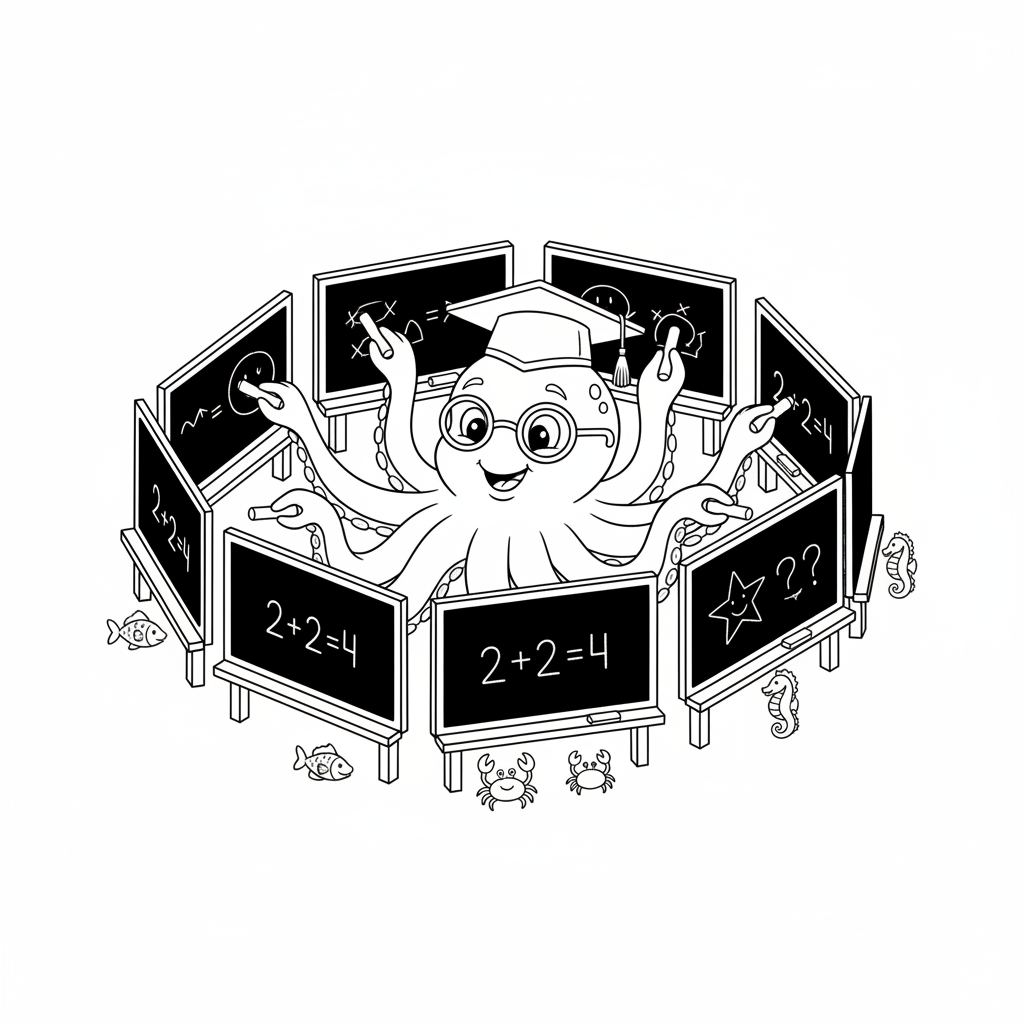 Professeur pieuvre écrivant simultanément sur huit tableaux noirs - Coloriage gratuit à imprimer