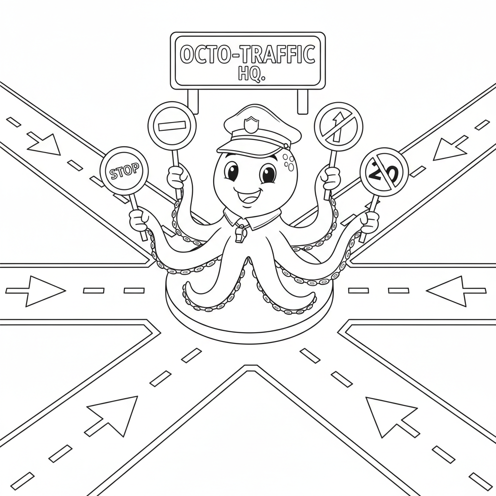 Un contrôleur de trafic Octopus dirige huit routes - Coloriage gratuit à imprimer