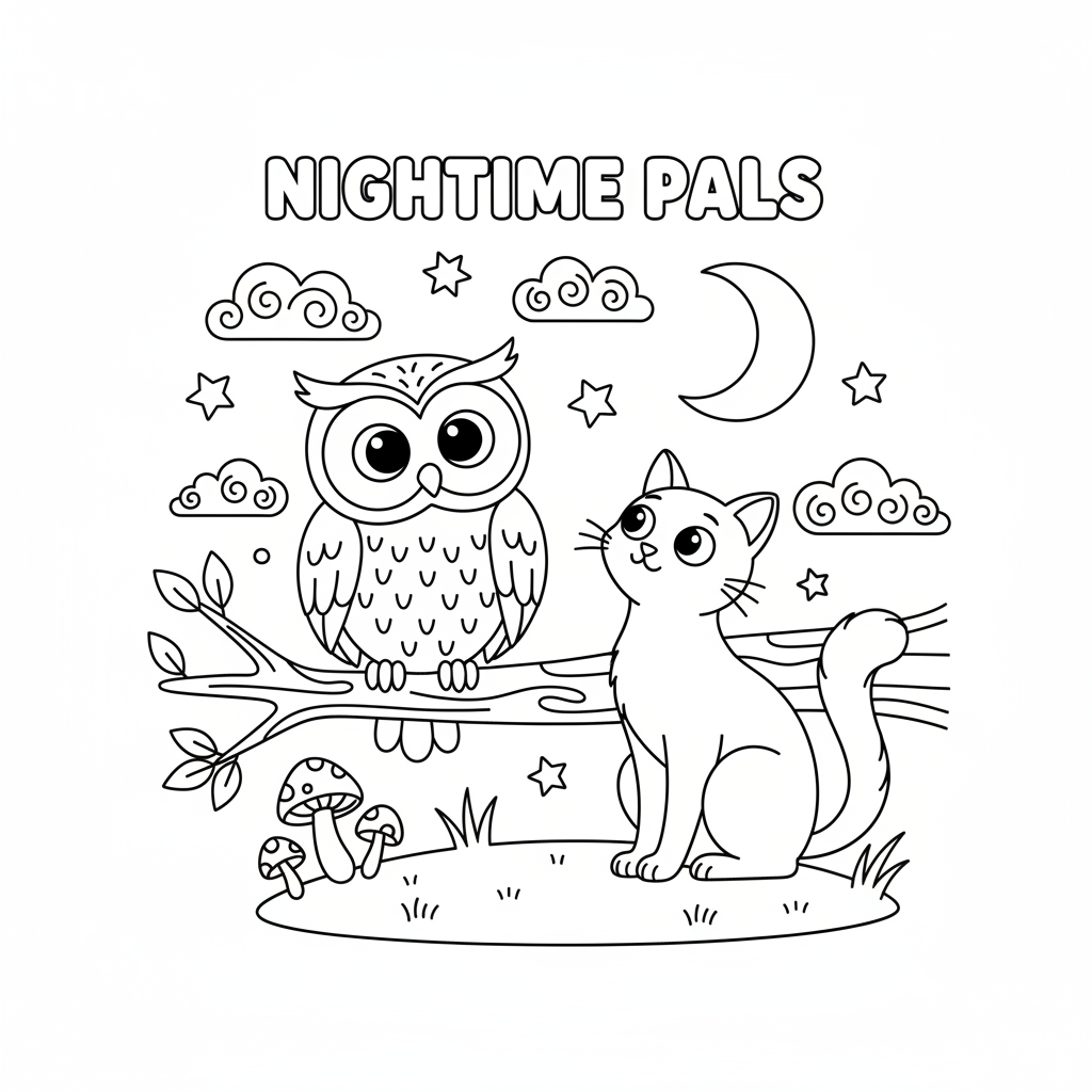 Hibou et chat, amis nocturnes curieux - Coloriage gratuit à imprimer Hibou et chat, amis nocturnes curieux - Coloriage gratuit à imprimer