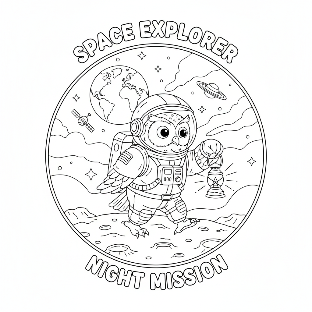 Eulen-Astronaut erkundet die dunkle Seite des Mondes – Nachtmission - Kostenloses druckbares Ausmalbild