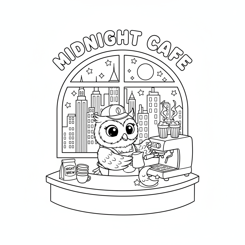 Eulenbarista bereitet Kaffee an der Theke eines Mitternachtscafés zu. - Kostenloses druckbares Ausmalbild