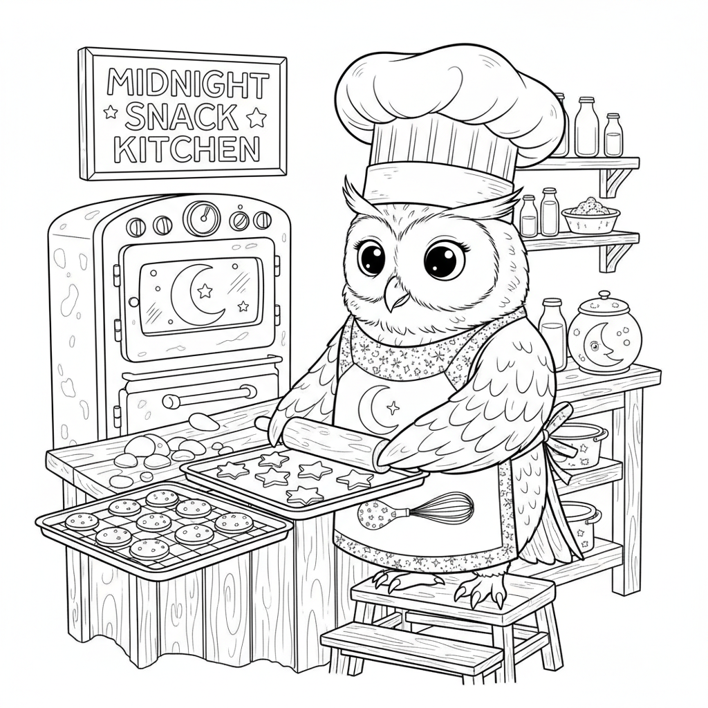 Eulenkoch backt Mitternachtssnack, Küchenschürze, Kekse - Free Printable Coloring Page