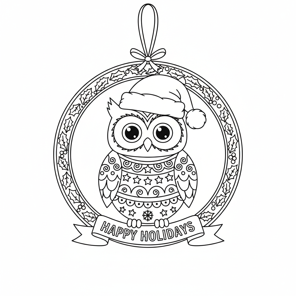Hibou, ornement de Noël décoratif pour les fêtes, idéal pour les fêtes. - Coloriage gratuit à imprimer
