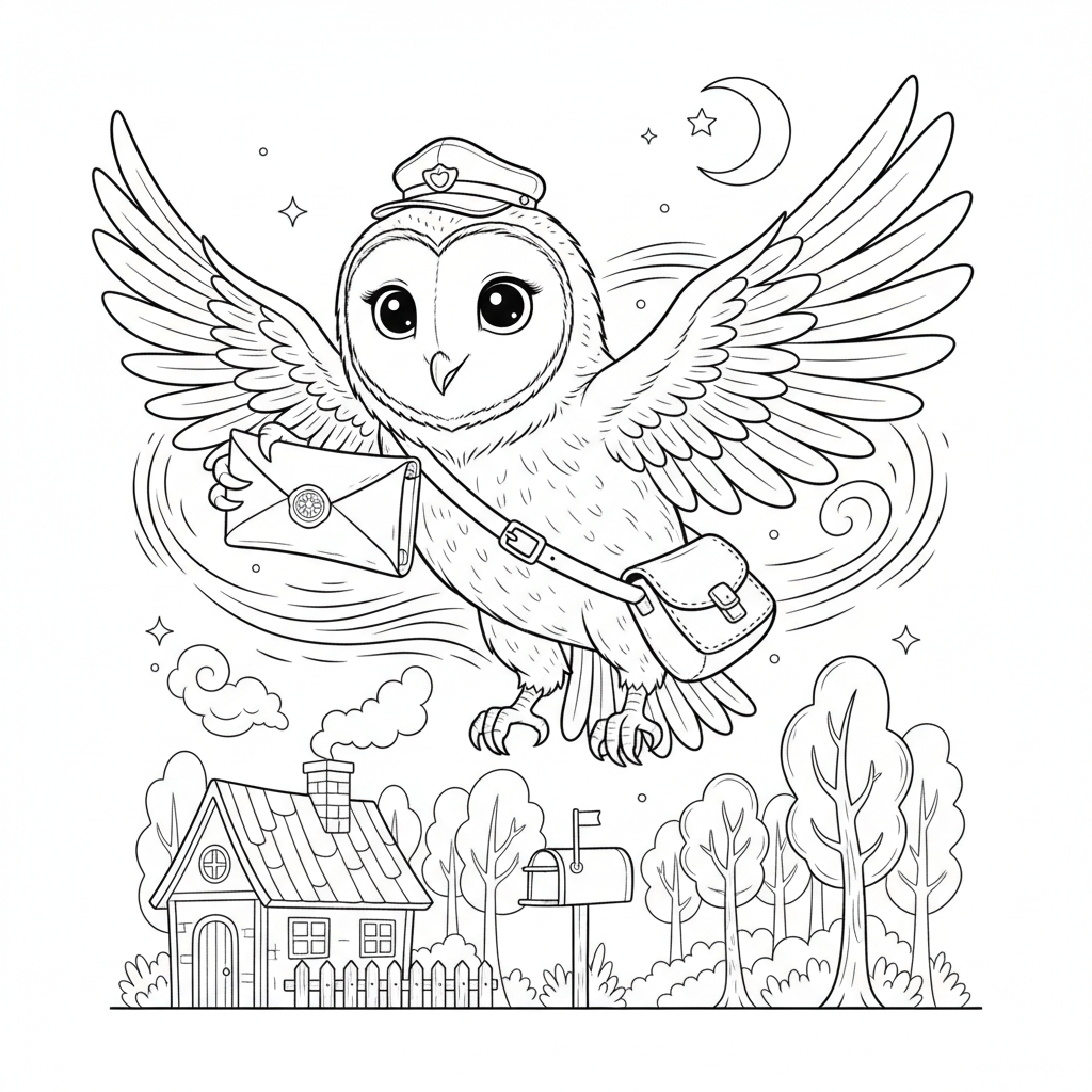 Owl Delivering Mail Letter - Free Printable Coloring Page Owl Delivering Mail Letter - Free Printable Coloring Page