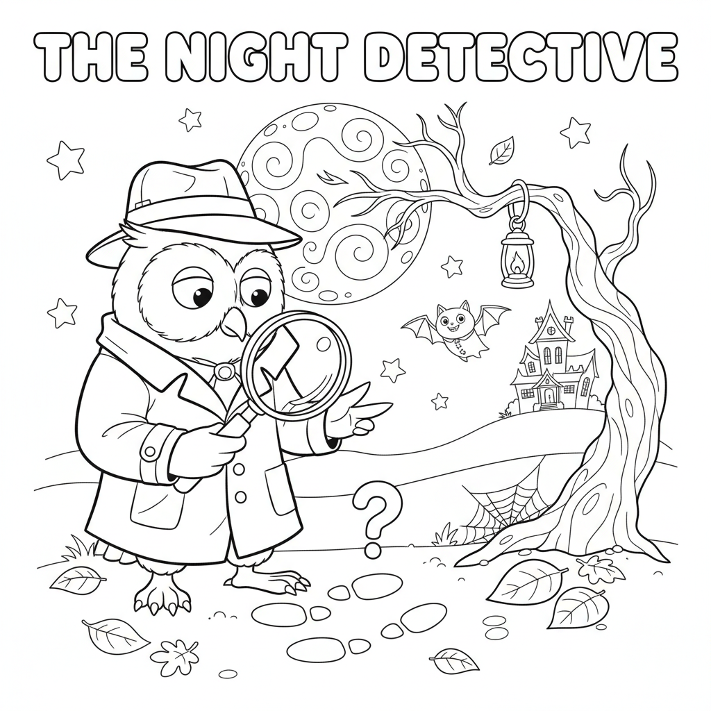 Eulen-Detektiv löst Rätsel mit Lupe bei Nacht - Kostenloses druckbares Ausmalbild