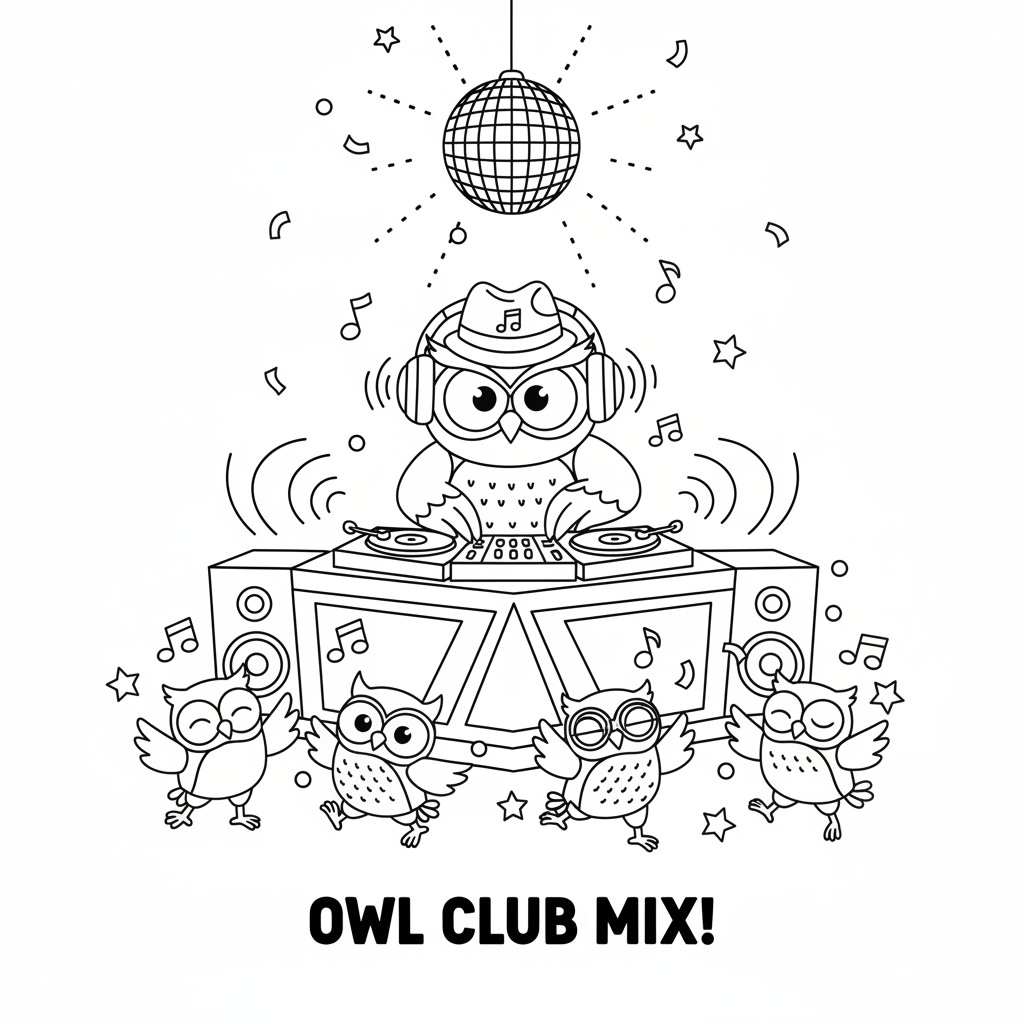 Owl DJ legt Platten auf der Tanzfläche einer Clubparty auf. - Kostenloses druckbares Ausmalbild