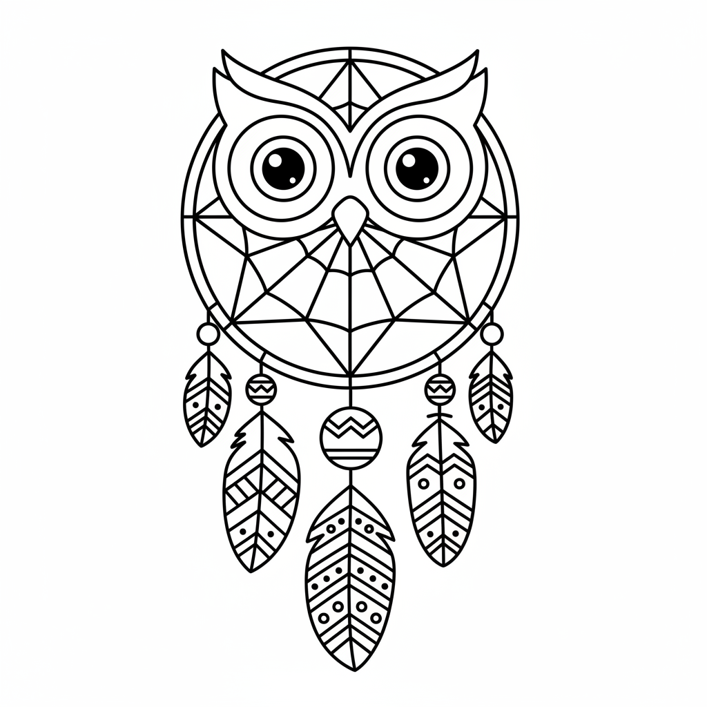 Attrape-rêves hibou inspiré des plumes amérindiennes - Coloriage gratuit à imprimer