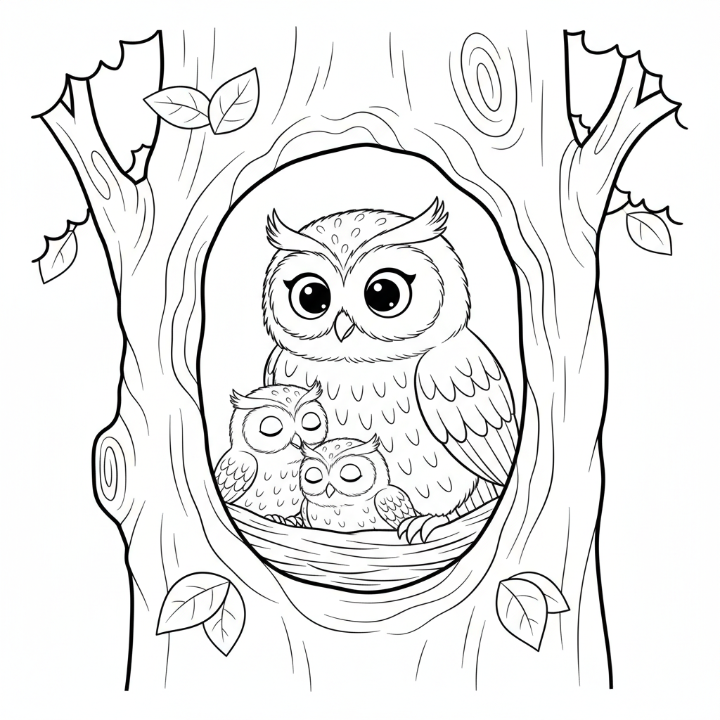 Eulenfamilie im hohlen Baumnest, die kleinen Eulenküken gemütlich - Kostenloses druckbares Ausmalbild
