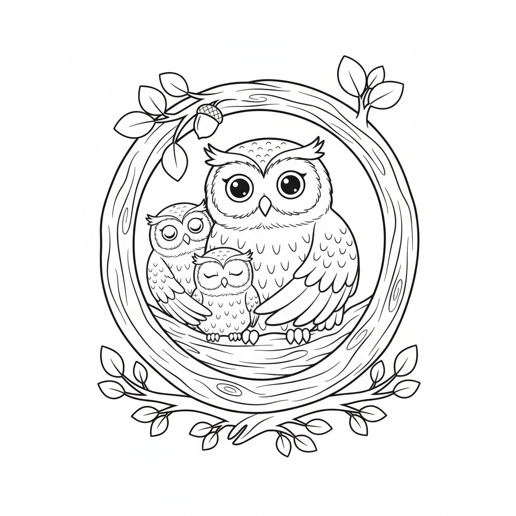 Une famille de chouettes dans un nid creux d'arbre, ensemble dans leur maison - Coloriage gratuit à imprimer